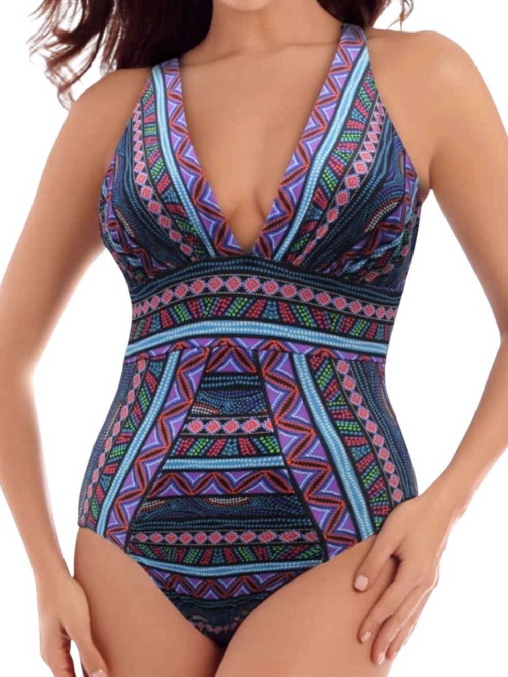 Miraclesuit Odyssey Multicolor Tribal Geo Print V Neck Tummy Control Swimsuit 14